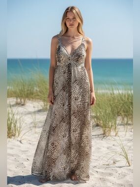 ONDADEMAR Cream and Brown Snake-Print Maxi Dress with V-Neck
